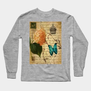 vintage french butterfly hydrangea floral botanical art Long Sleeve T-Shirt